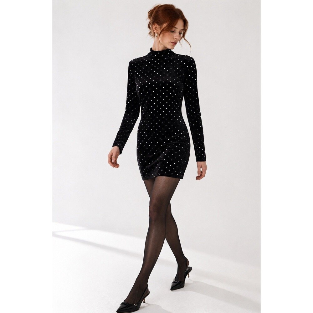 H&M Black Velvet Rhinestone Mock Neck Bodycon Dress Medium Party Holiday
